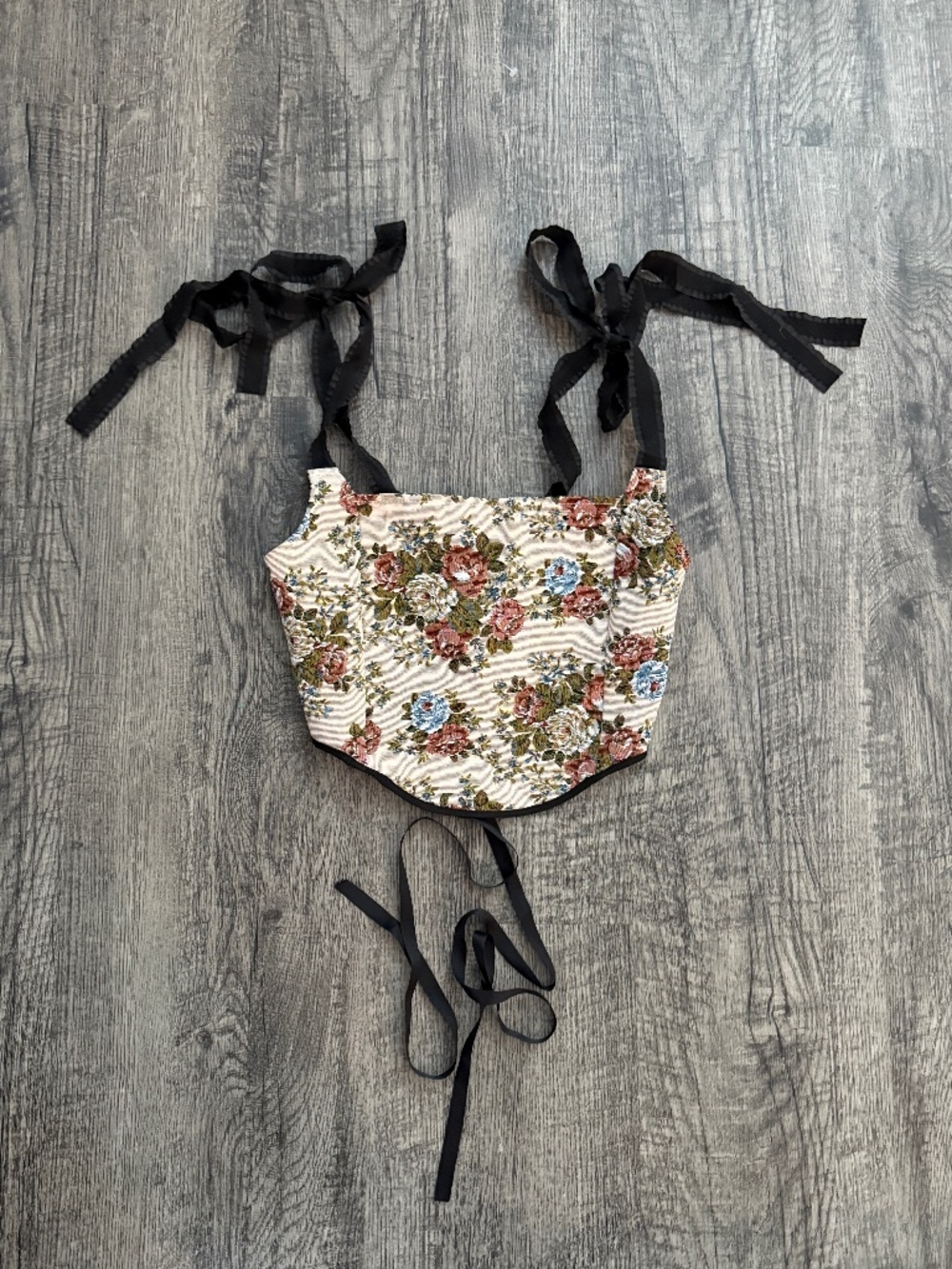 FORE Floral Tapestry Corset Crop Top Lace Up Ribbon S